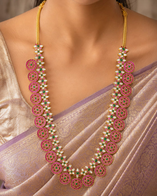 26-inch round motif jadau kundan long haram necklace on jewellery display – view 2