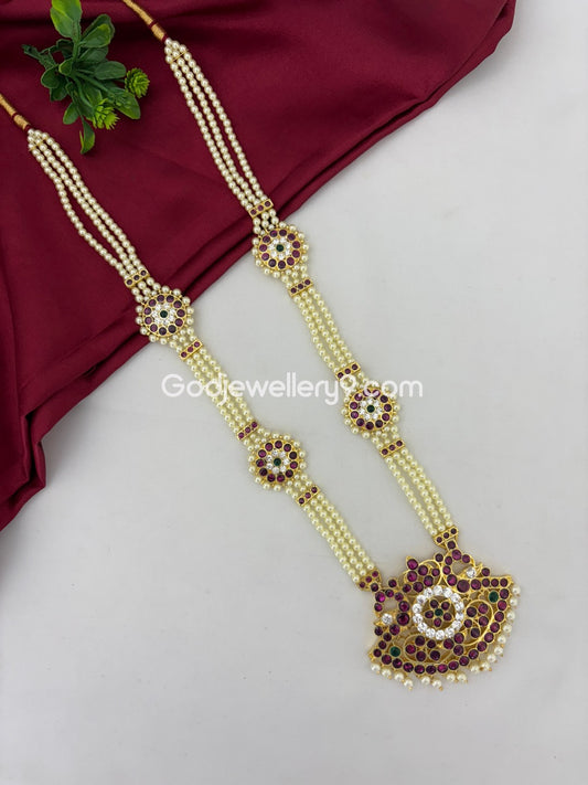 Bharatanatyam 3 Line Brass Pearl Kemp Long Necklace Haram Jewellery Godjewellery9 1
