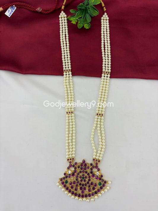Bharatanatyam 3 Line Pearl Brass Kemp Long Necklace Jewellery Godjewellery9 1