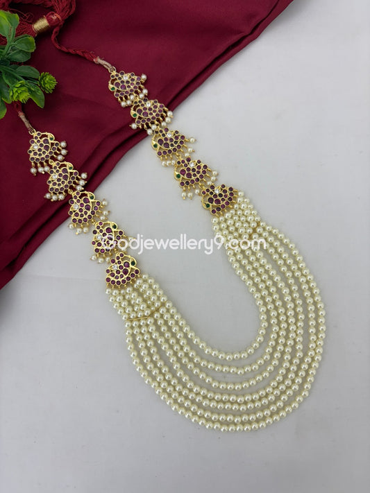 Bharatanatyam Pearls Brass kemp Long Necklace Haram Godjewellery9 1
