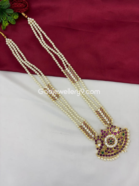 Bharatanatyam 3 Line Stone Long Necklace Haram Brass kemp Godjewellery9 1