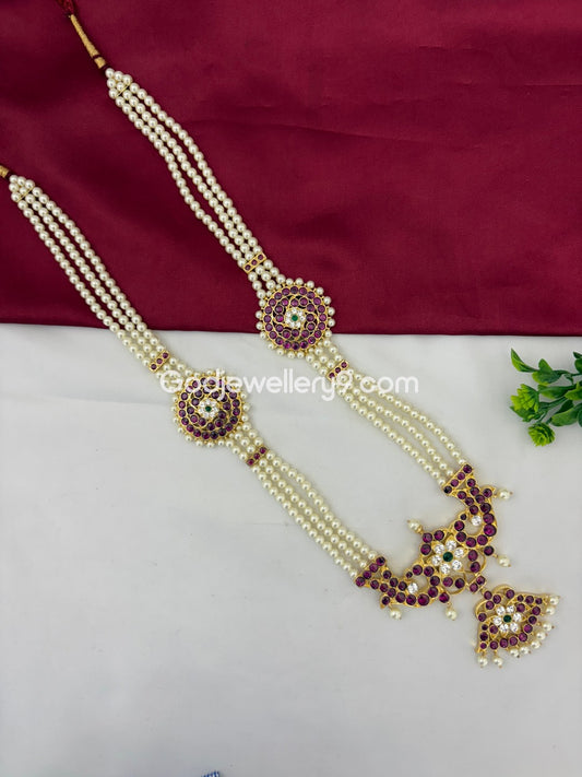 Bharatanatyam Brass Real Kemp Pearl Long Necklace Haram Godjewellery9 1