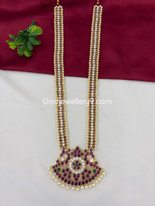Brass Pink And White Real Kemp Stone Long Haram For Bharatanatyam Godjewellery9 1