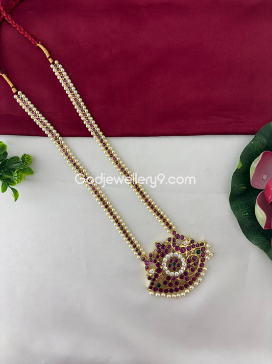 Brass Temple Jewellery Kempu Stone Long Pearl Necklace Godjewellery91