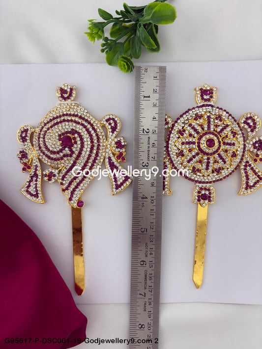 Pink and White Stone Shanku Chakra for Deity and God Temple Use Pink Color G95617-DSC001-19-Godjewellery9.com 2