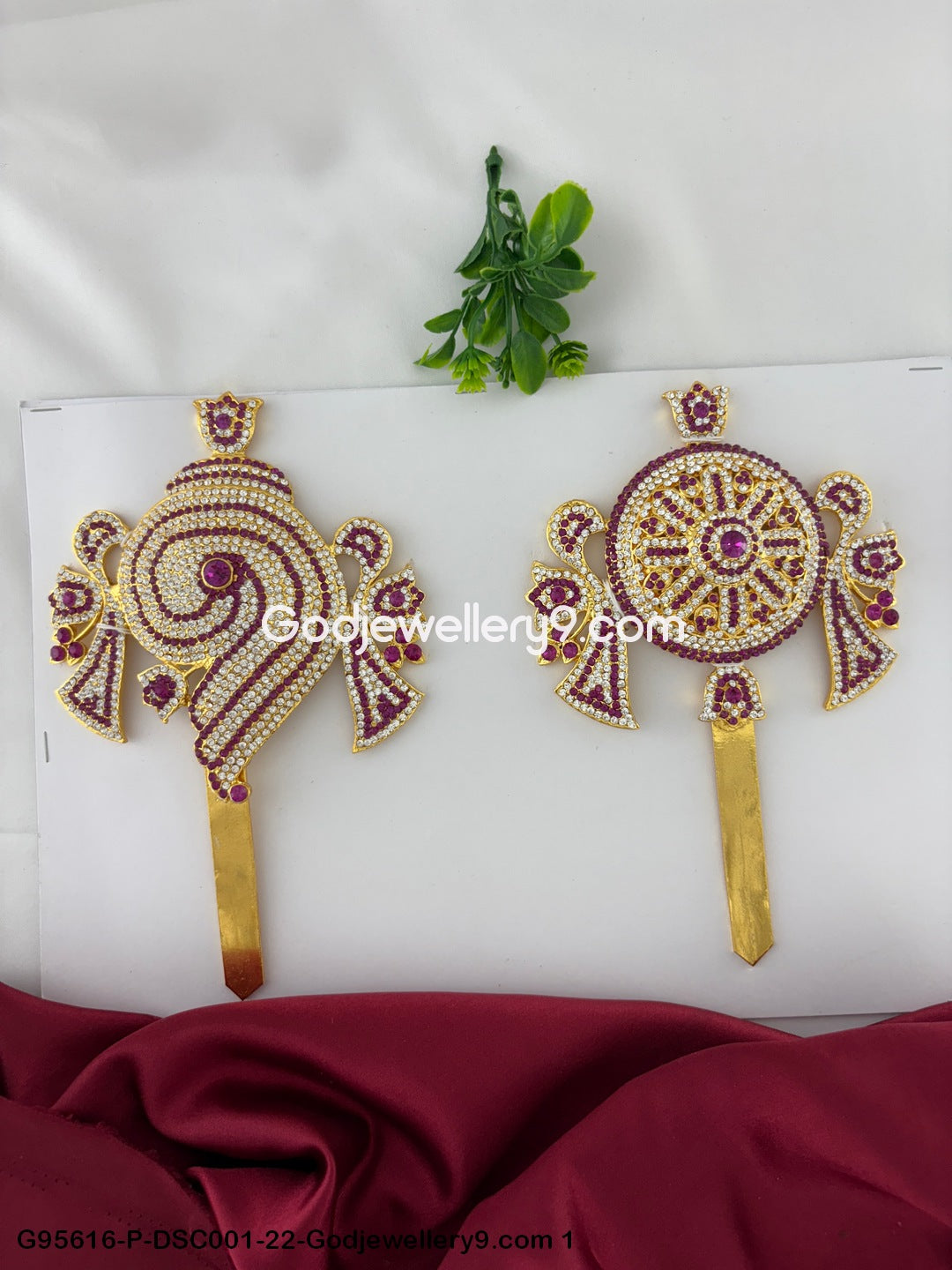 Shanku Chakra with Stones for Temple Worship and Deity Idols Pink Color G95616-DSC001-22-Godjewellery9.com 1