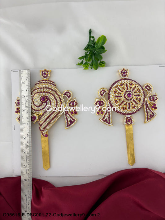 Shanku Chakra with Stones for Temple Worship and Deity Idols Pink Color G95616-DSC001-22-Godjewellery9.com 2