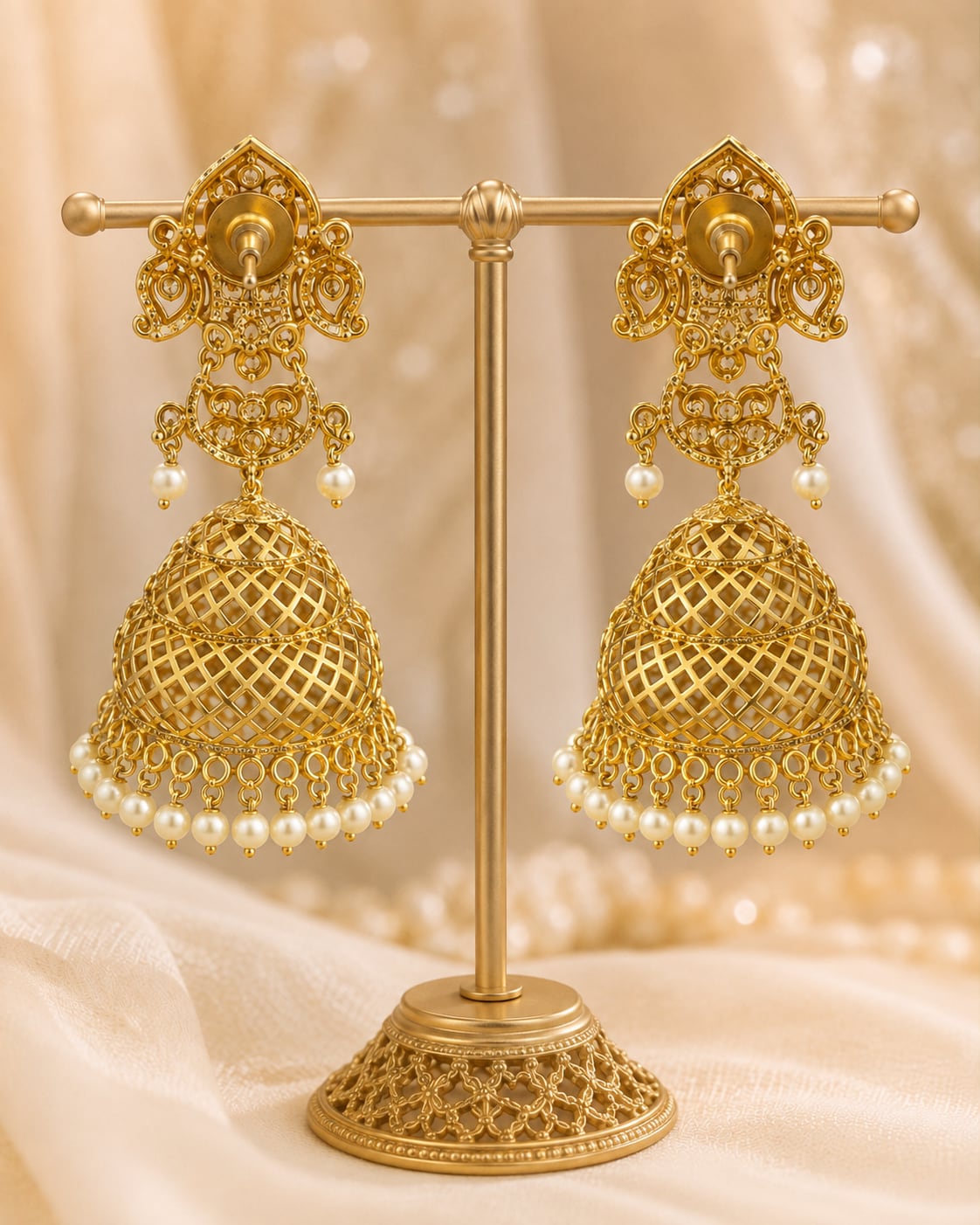 Emerald Grand Gold-Plated CZ Jhumka Earrings with Pearl-Look Fringe – Rear view of grand gold-plated emerald CZ – view 6