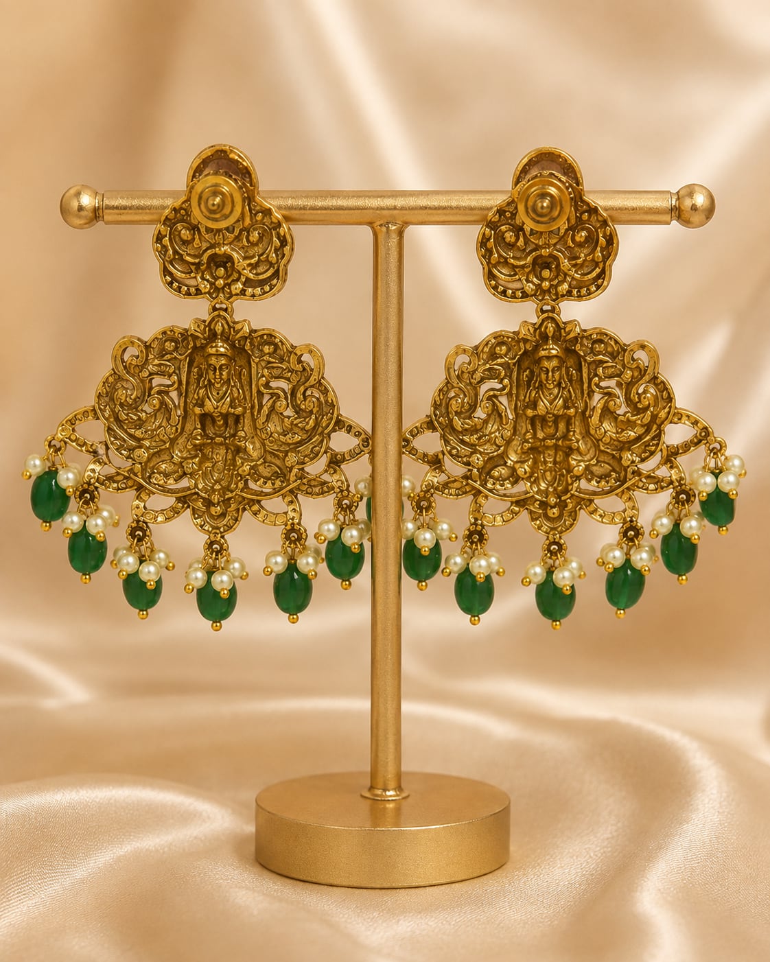 Ruby Emerald AD/CZ Lakshmi Peacock Nakshi Gold-Plated Hanging Earrings with Green Drops – gold-plated ruby and – view 6