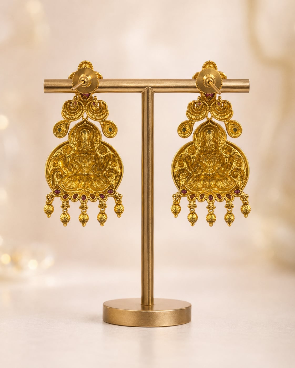 gold-plated ruby and emerald earrings rear view showing openwork reverse, straight posts, and push-back closures – view 6