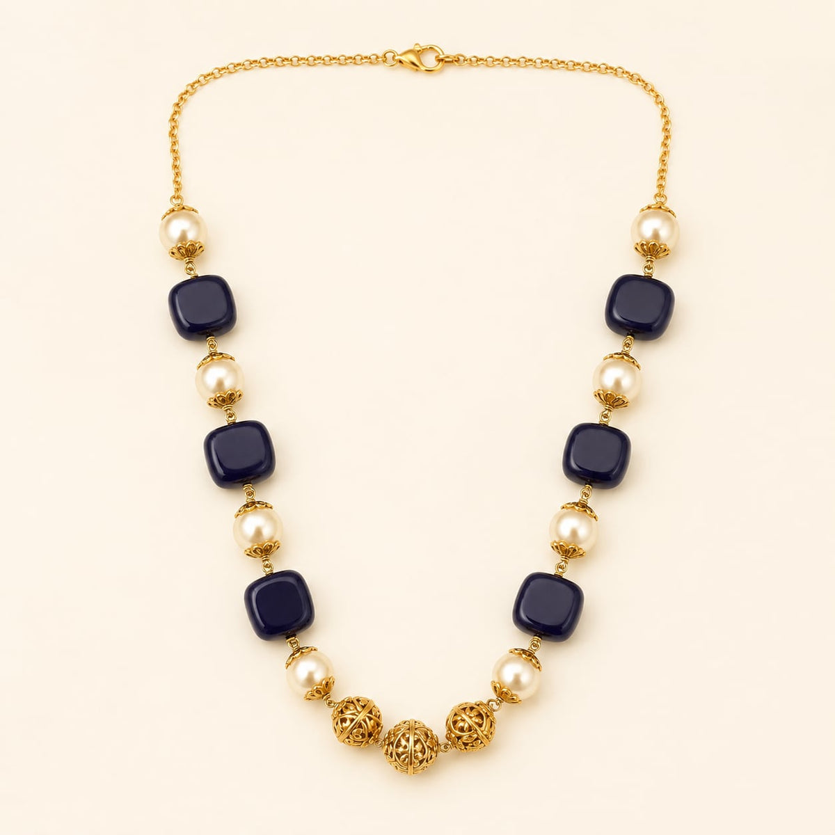 navy blue cube bead and pearl-look necklace, front view – view 5