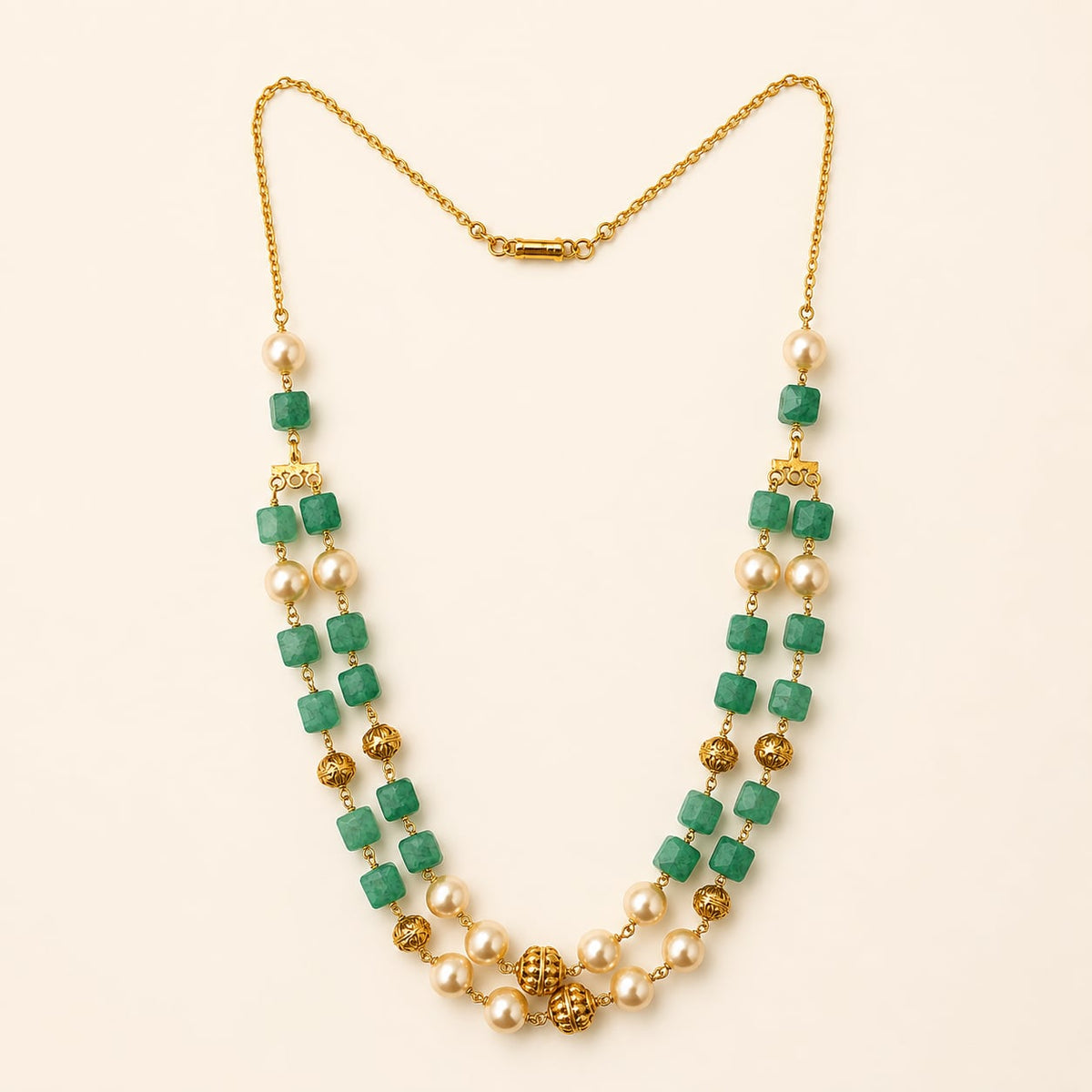 mint green cube bead and pearl-look layered necklace, front view – view 5