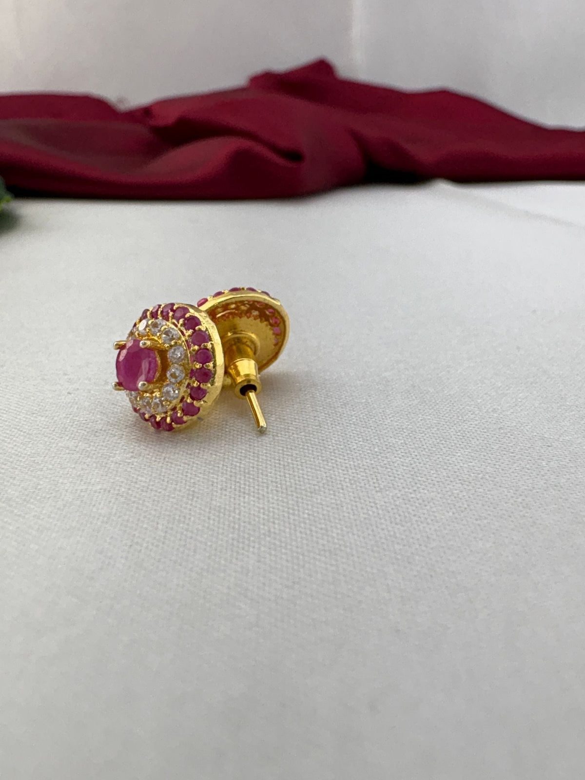 Petal Duo white and pink AD stud earrings side view showing gold post mechanism and secure back details – view 2