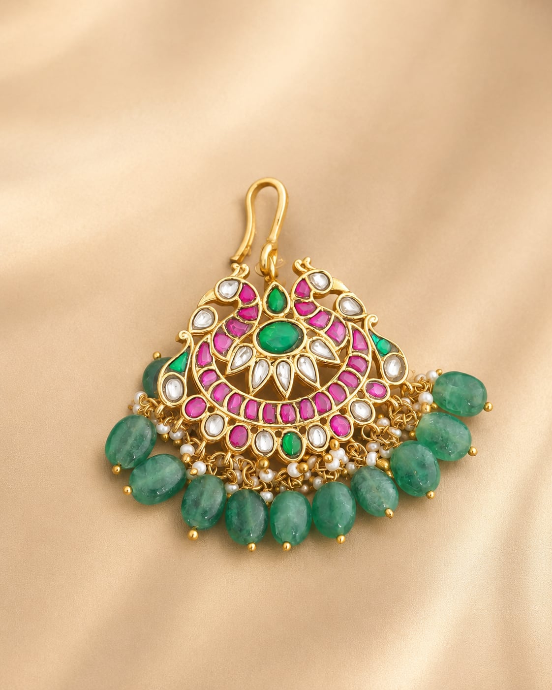 round fan green drop jadau kundan maang tikka maang tikka only for Indian festive hair styling – view 5