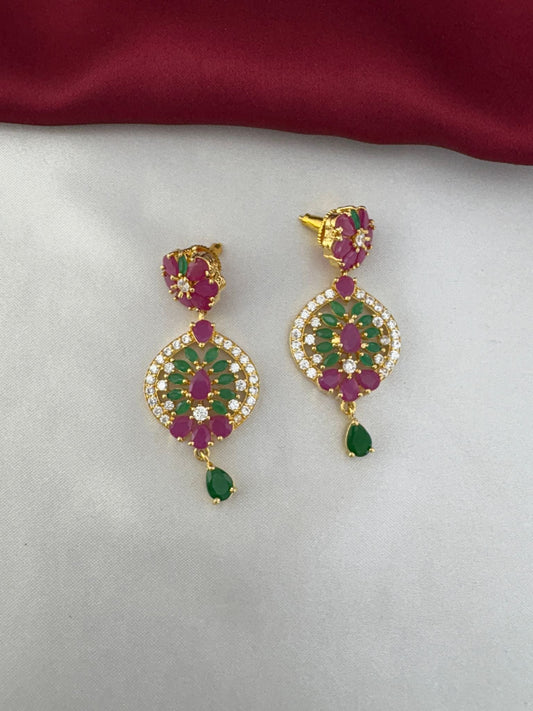 Ruby Emerald AD Long Necklace & Earring Set – close-up of gold-plated earrings with ruby, emerald, and AD stone – view 2