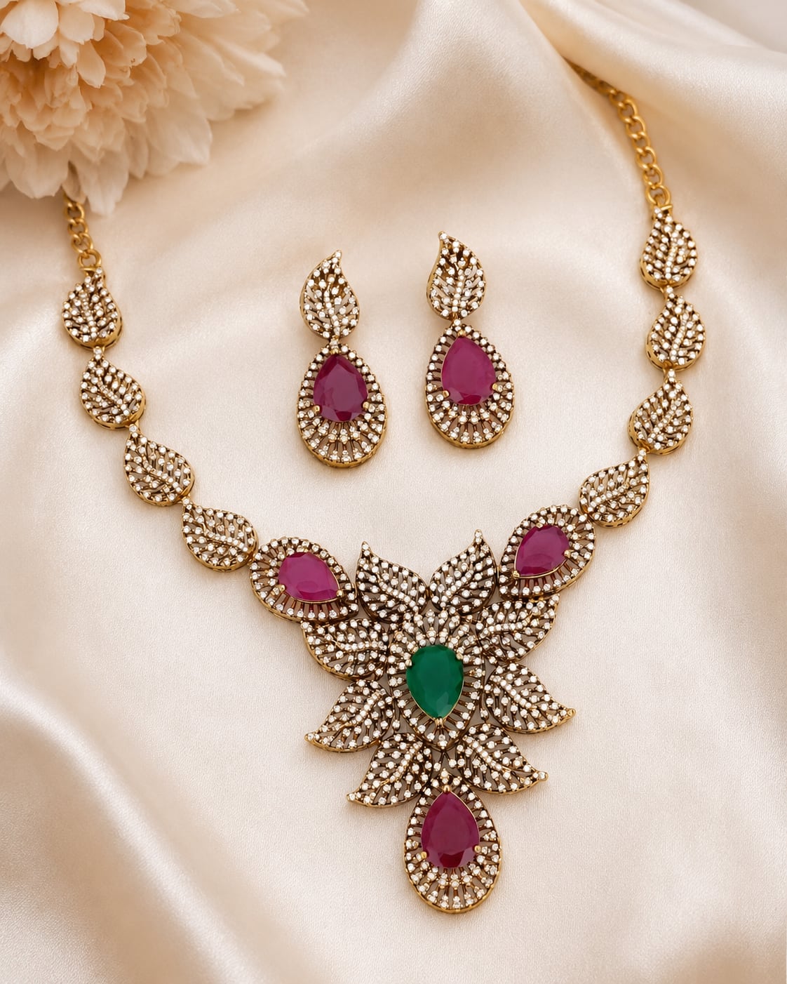 Ruby Emerald AD/CZ Necklace Set for Indian Wedding Receptions – ruby and emerald necklace set with matching earrings – view 4
