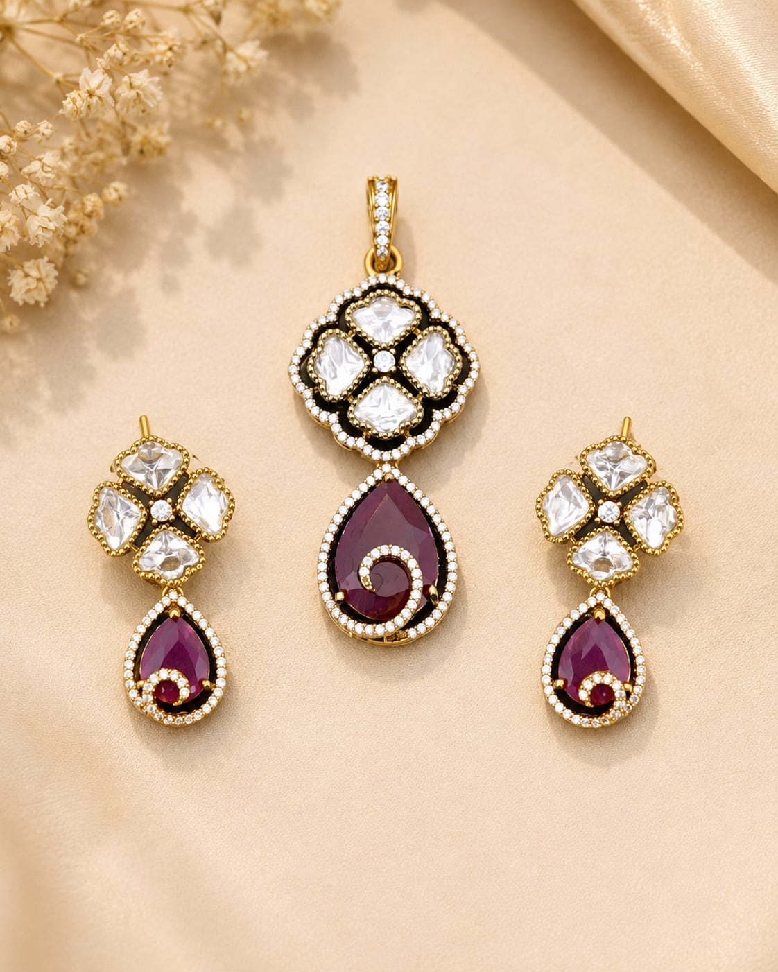 Ruby AD/CZ Teardrop Pendant Set for Receptions – ruby-tone pendant set for sarees and festive styling – view 5