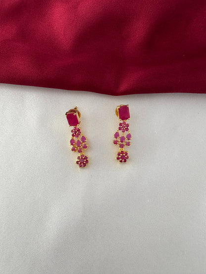 Gold-Plated Floral Ruby Necklace Earring Set - Intricate Leaf Pattern – Gold Plated Floral Ruby Earrings - Close-up – view 3