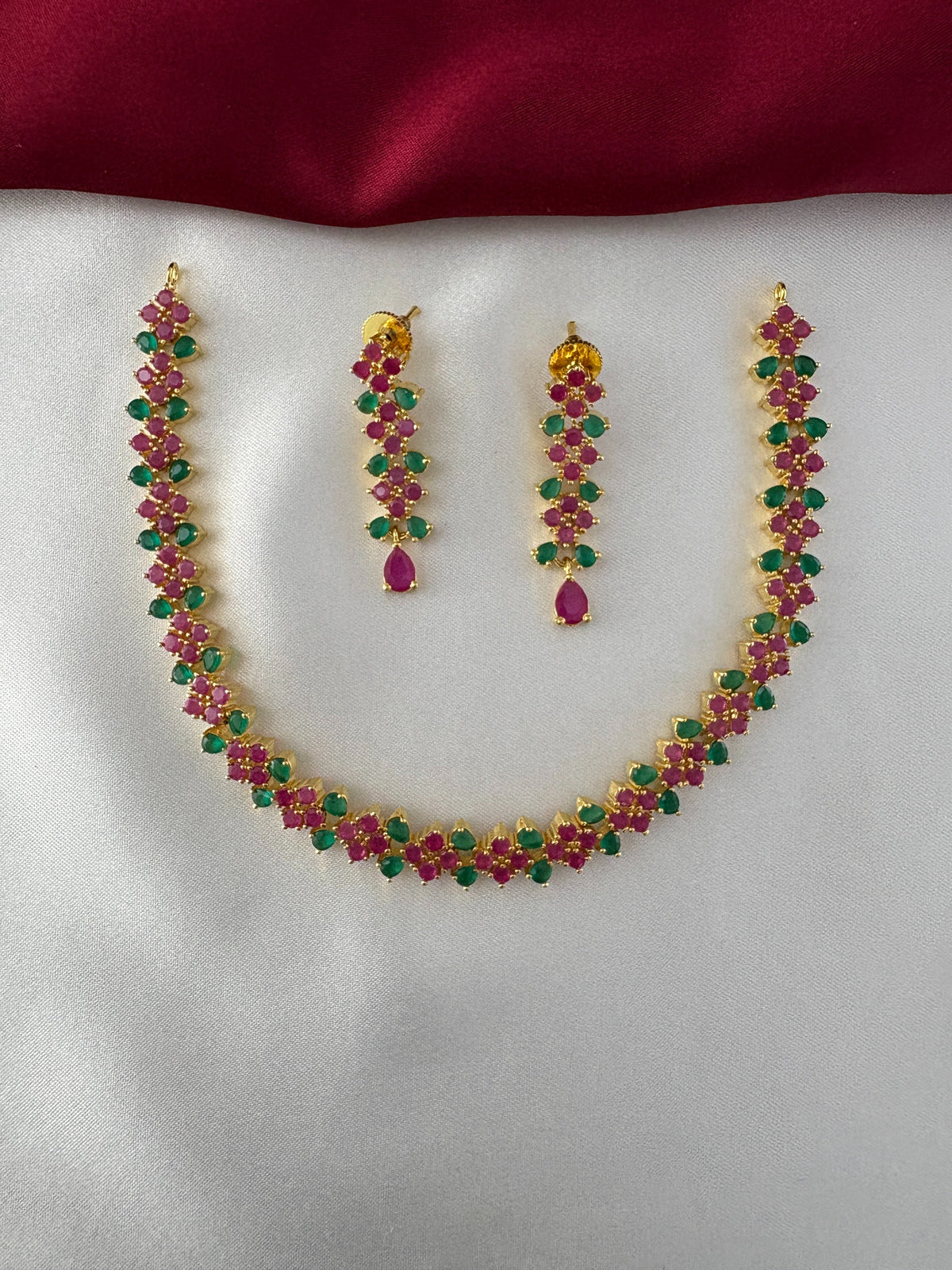 Leaf Strand Necklace Set with Ruby and Emerald Accents – Gold Plated Ruby Emerald Leaf Strand Jewelry Set - Full – front view