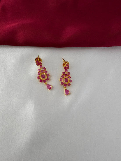 Gold-Plated Ruby Bar Necklace & Floral Earring Set - Regal Radiance – Gold Plated Ruby Floral Earrings - Close-up – view 3