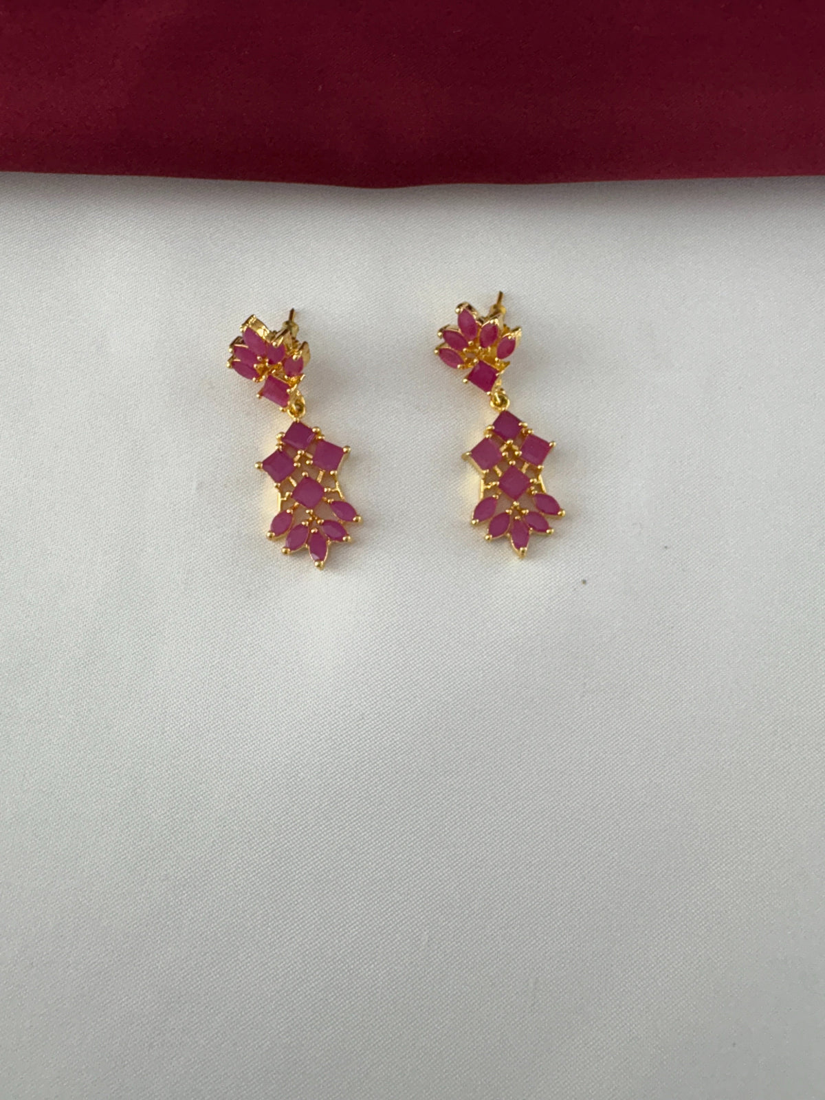 Gold-Plated Ruby Petal Cluster Necklace Set - Modern Festive Shine – Gold Plated Ruby Petal Cluster Earrings – view 3