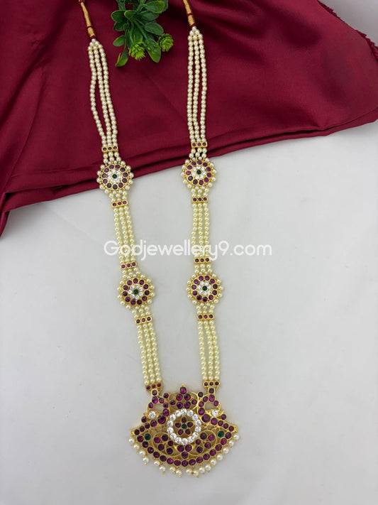 Bharatanatyam 3 Line Brass Pearl Kemp Long Necklace Haram Jewellery Godjewellery9