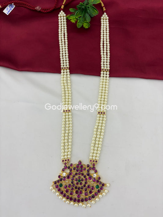 Bharatanatyam 3 Line Pearl Brass Kemp Long Necklace Jewellery Godjewellery9