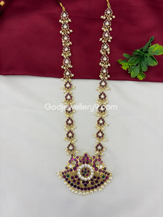 Bharatanatyam Brass Pearls Temple Kemp Long Haram Necklace Godjewellery9
