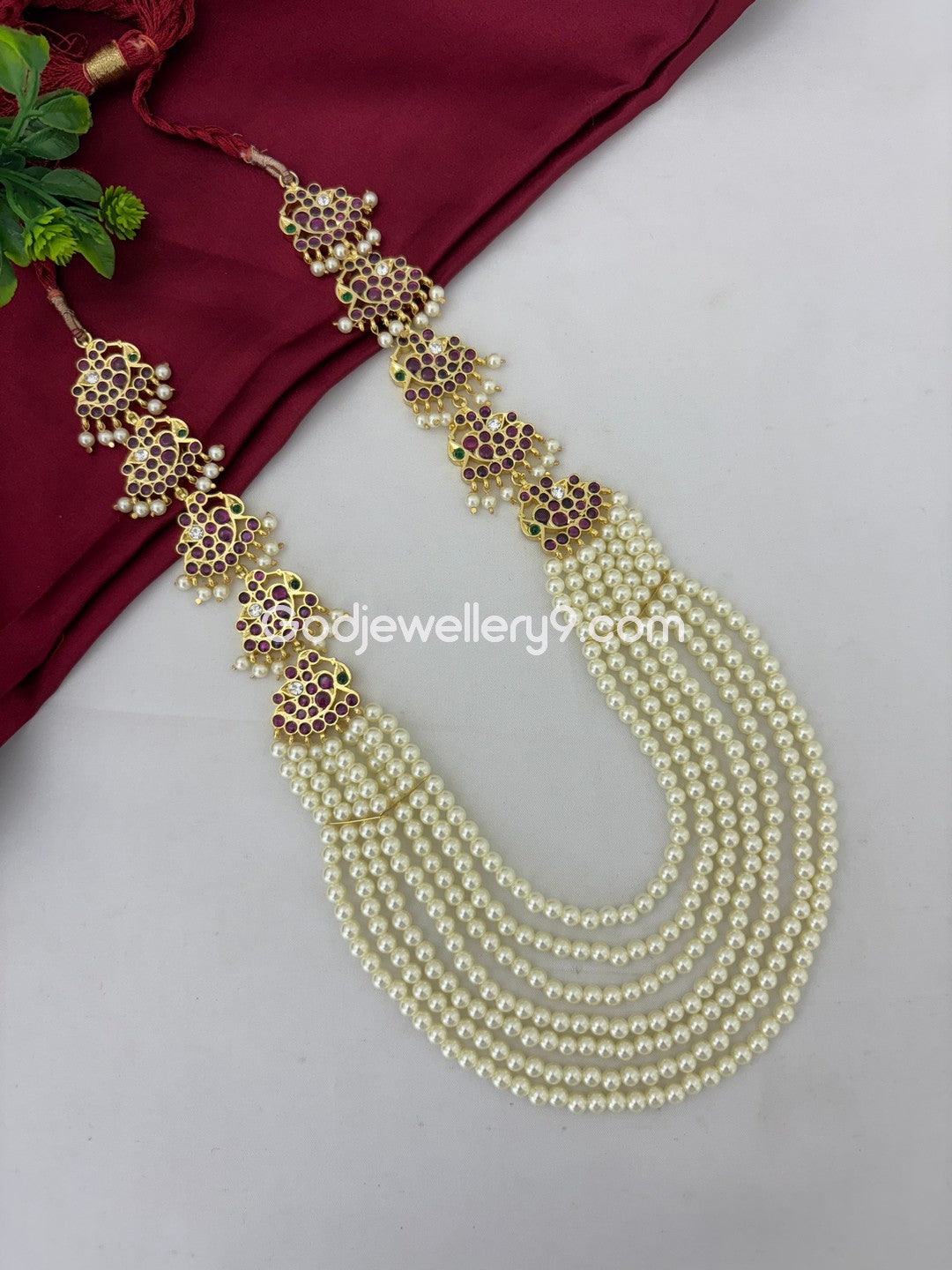 Bharatanatyam Pearls Brass kemp Long Necklace Haram Godjewellery9 1