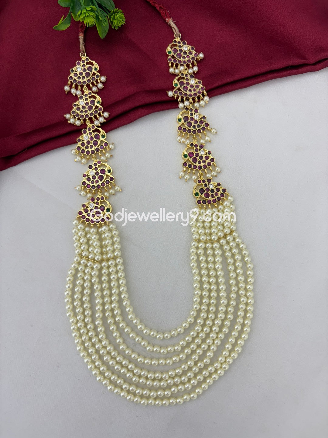 Bharatanatyam Pearls Brass kemp Long Necklace Haram Godjewellery9