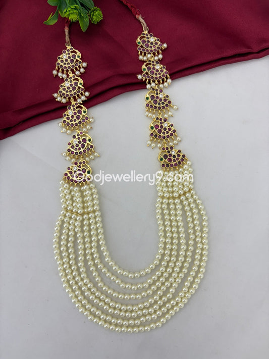 Bharatanatyam Pearls Brass kemp Long Necklace Haram Godjewellery9