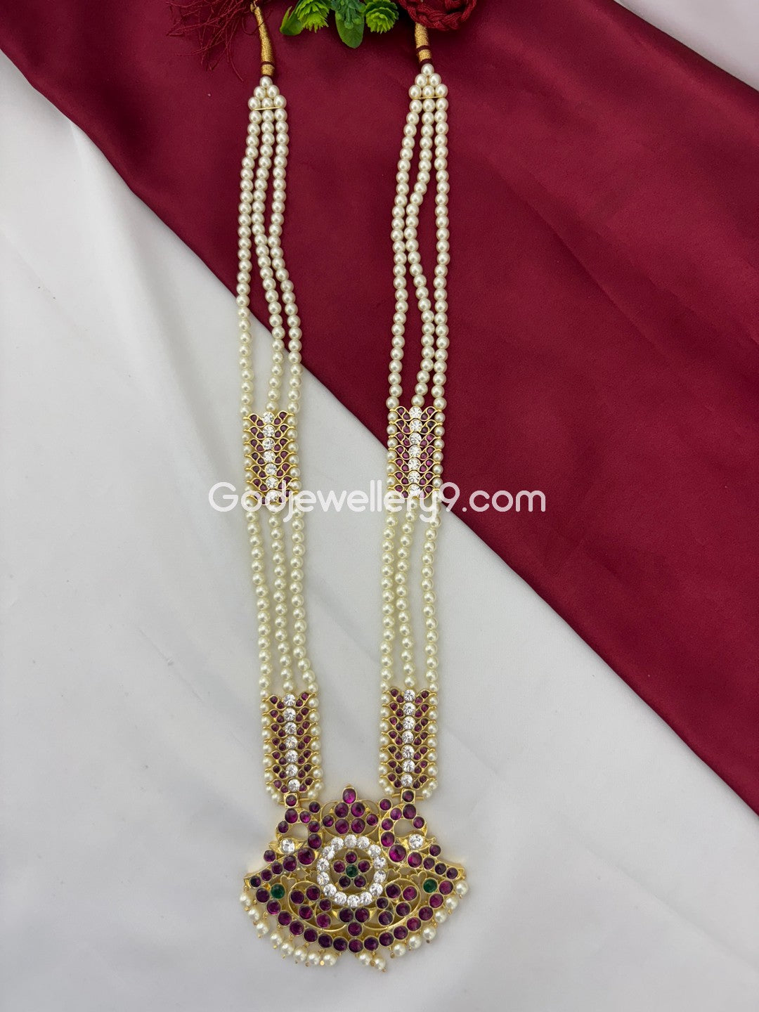Bharatanatyam 3 Line Stone Long Necklace Haram Brass kemp Godjewellery9