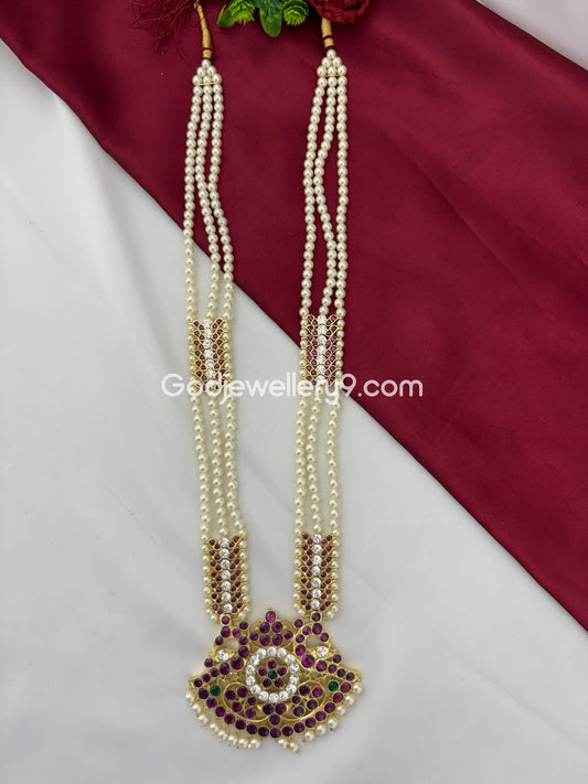 Bharatanatyam 3 Line Stone Long Necklace Haram Brass kemp Godjewellery9