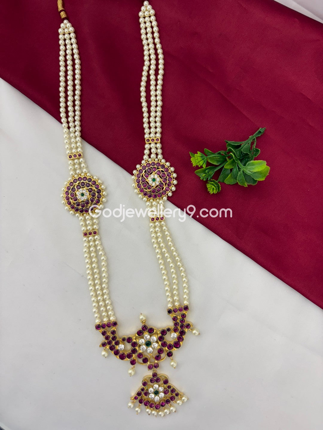 Bharatanatyam Brass Real Kemp Pearl Long Necklace Haram Godjewellery9