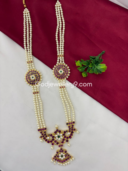 Bharatanatyam Brass Real Kemp Pearl Long Necklace Haram Godjewellery9