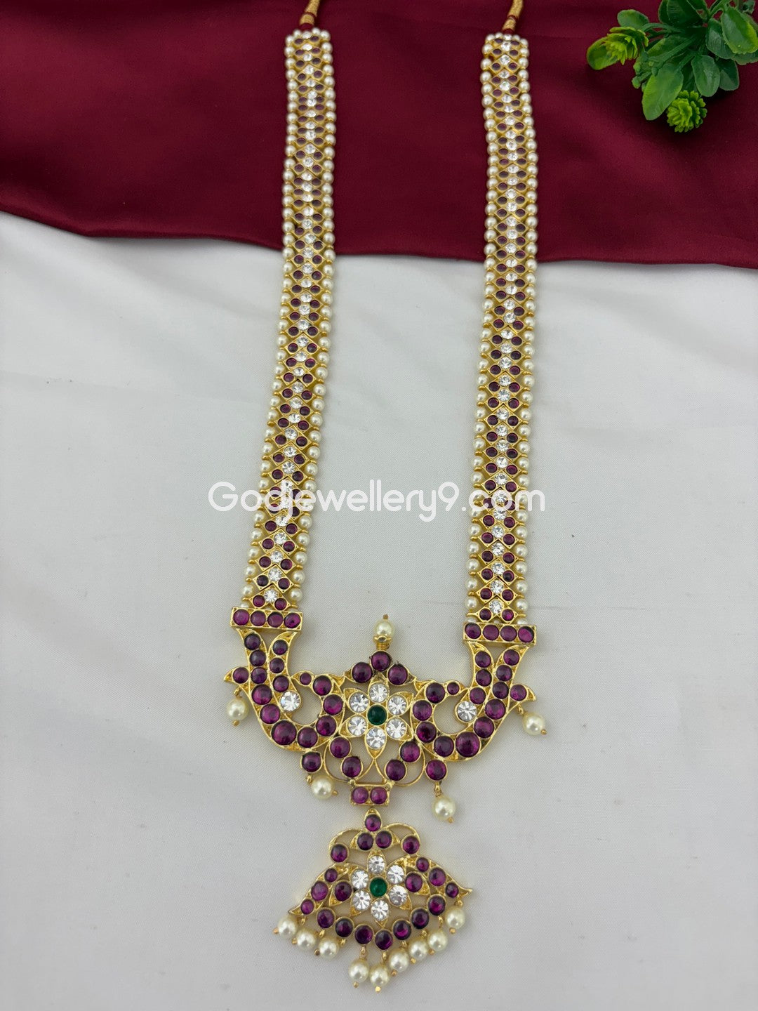 Bharatanatyam Long Pearl Brass Necklace Temple Jewellery Kempu Stone Godjewellery9 1