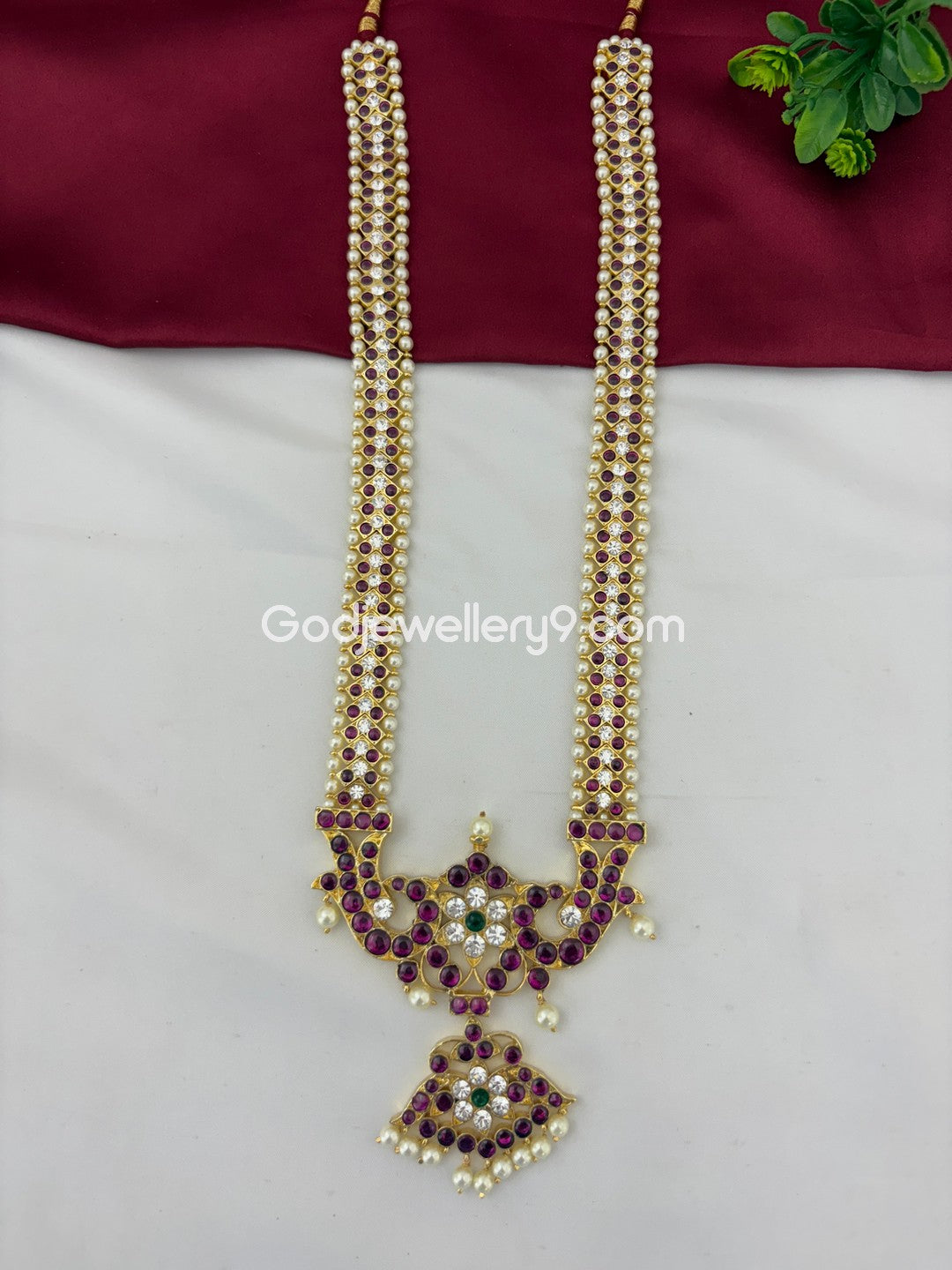 Bharatanatyam Long Pearl Brass Necklace Temple Jewellery Kempu Stone Godjewellery9