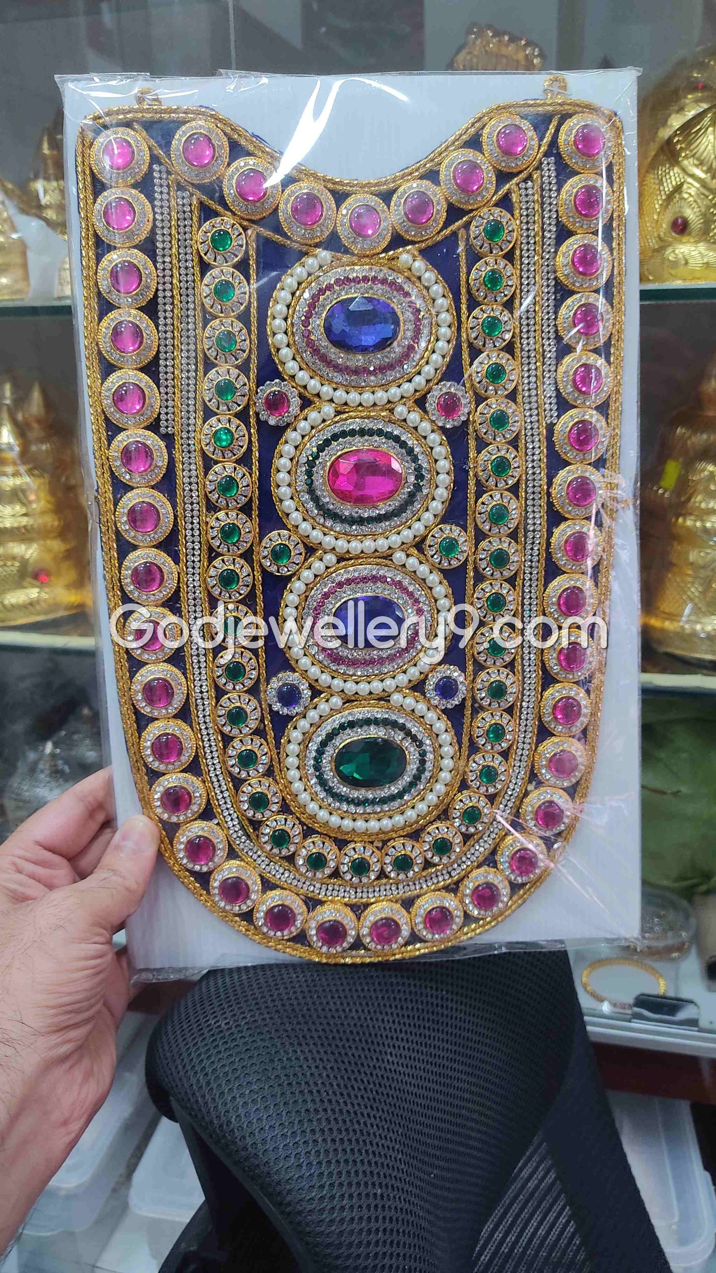 Blue Long Oval Stone Necklace Haram Kavasam Jewellery For God Deity godjewellery9