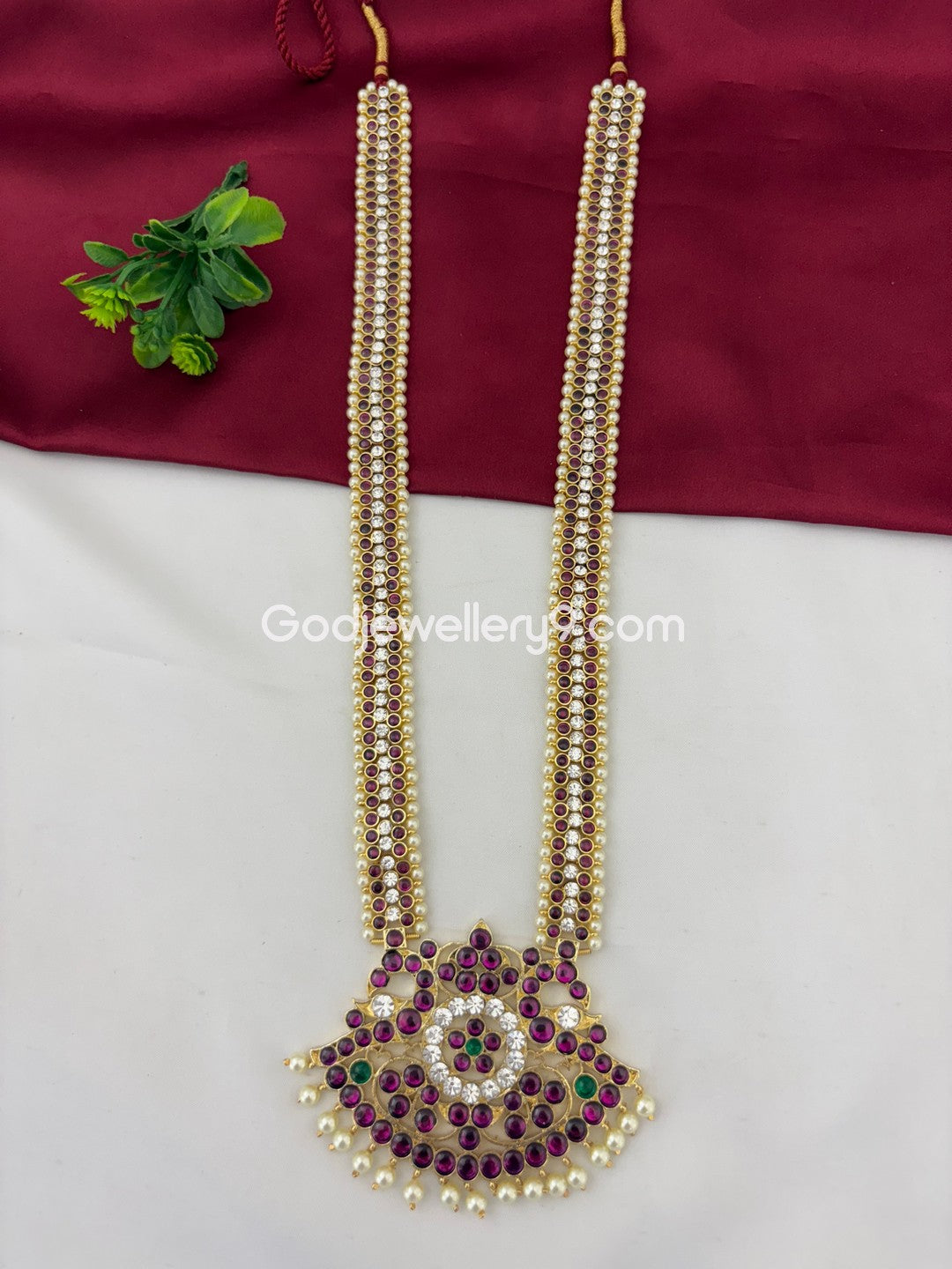 Brass Pink And White Real Kemp Stone Long  Haram For Bharatanatyam Godewellery9