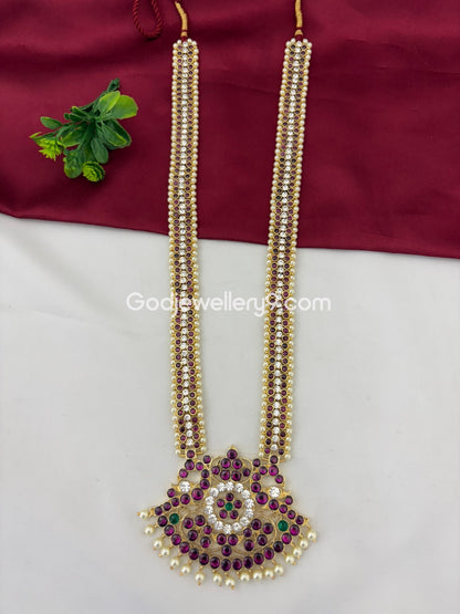 Brass Pink And White Real Kemp Stone Long  Haram For Bharatanatyam Godewellery9