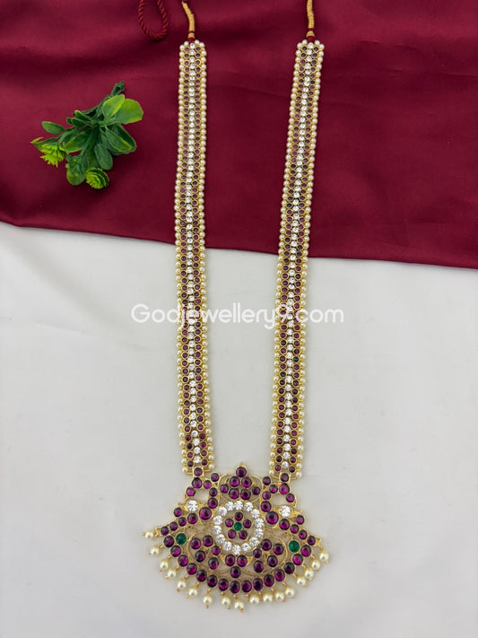 Brass Pink And White Real Kemp Stone Long  Haram For Bharatanatyam Godewellery9