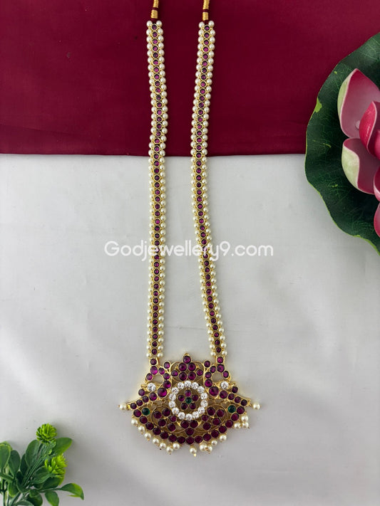 Brass Temple Jewellery Kempu Stone Long Pearl Necklace Godjewellery9