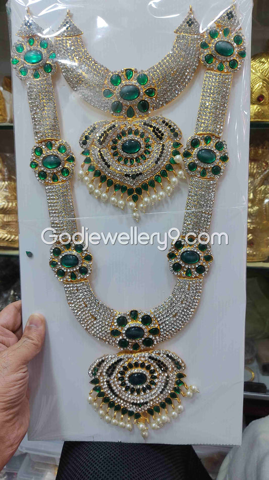 God Two Step Green Long Necklace Haram For Deity Ammam Alangaram
