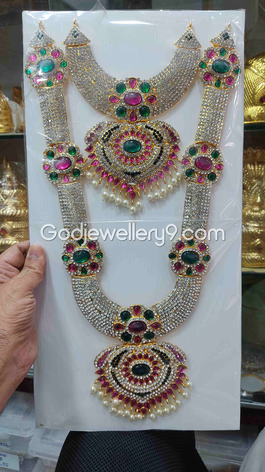 God Two Step Multicolor Long Necklace Haram For Deity Ammam Alangaram
