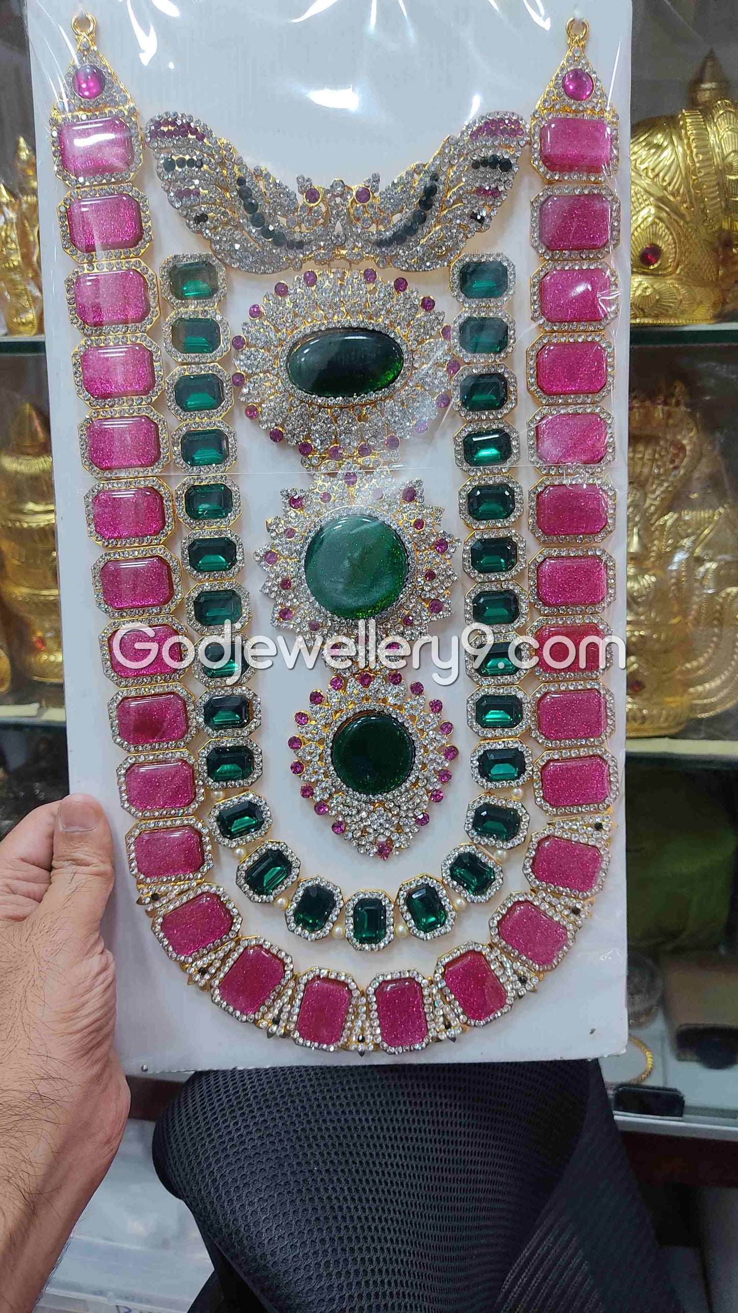 Pink And Green Long Kavasam Centre Green Jewellery For God