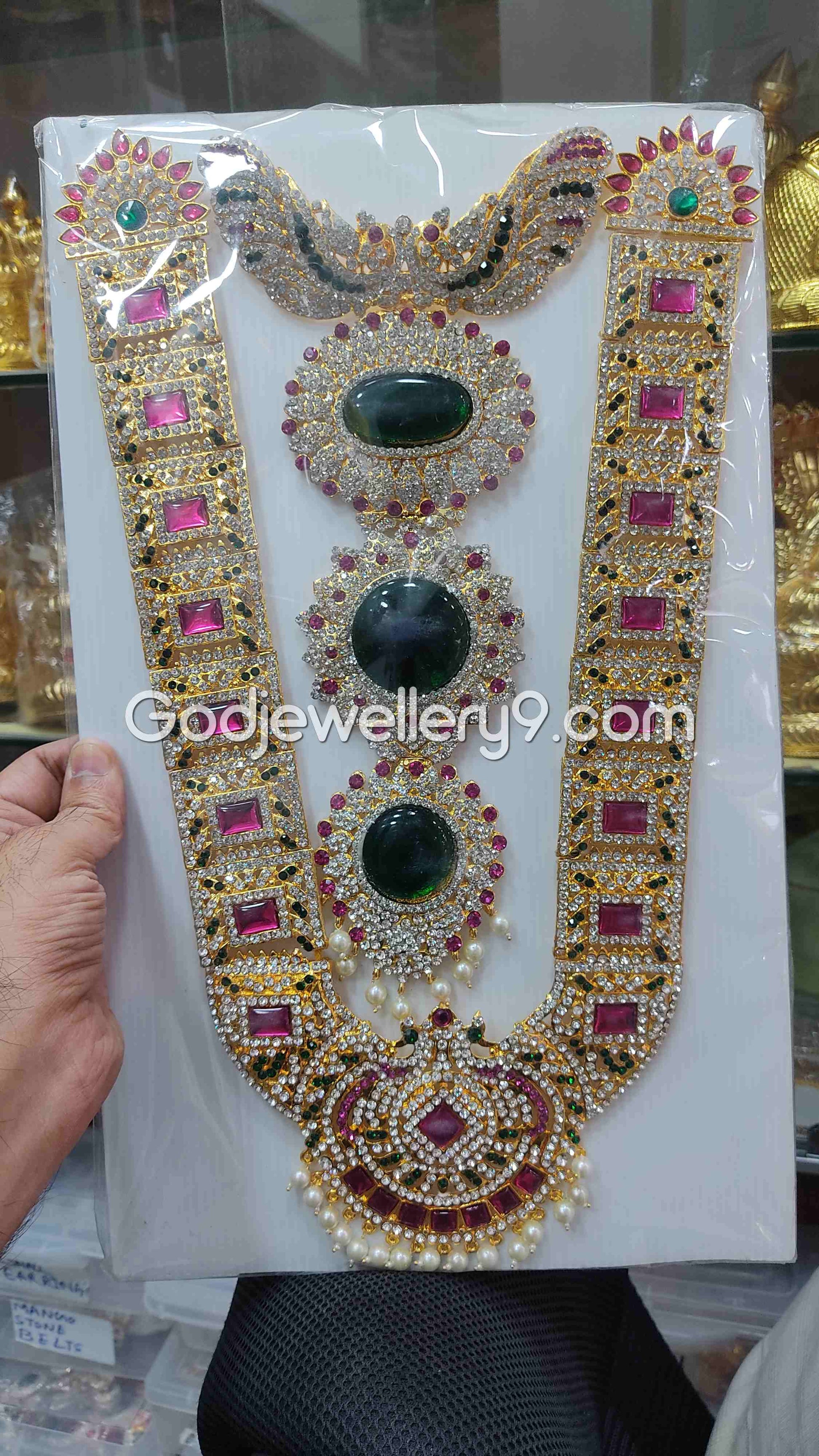 Pink Long Kavasam Centre Green Stone Jewellery For Deity God