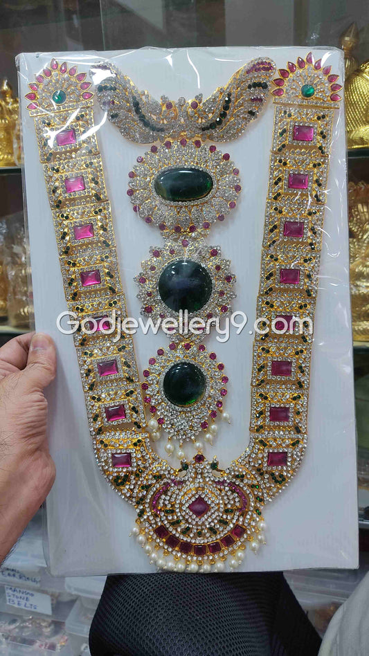 Pink Long Kavasam Centre Green Stone Jewellery For Deity God