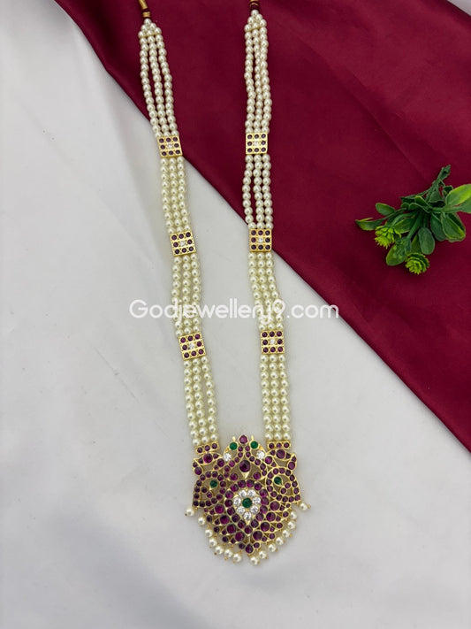 Real Kemp Stone Bharatanatyam Long Necklace Brass Haram Godjewellery9