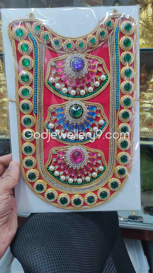 Red Long Decoration Stone Necklace Haram Kavasam Jewellery For God Deity godjewellery9