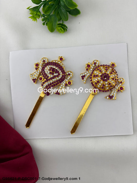 Shanku Chakra with Stone for Deity Vishnu and God Balaji Worship Pink Color G95621-DSC001-7-Godjewellery9.com 1